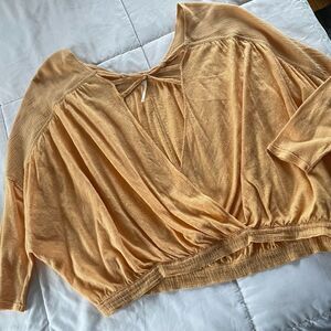 Free People Orange Mock Wrap Cropped Vneck Shirt XS  Casual Boho Drapey Oversize